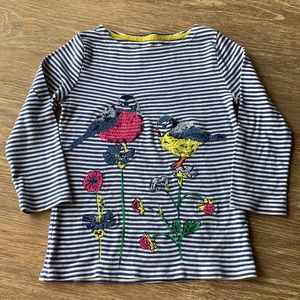 Mini Boden Girls (7/8) Striped 3/4 Sleeve T-Shirt with Bird Stitched Embroidery